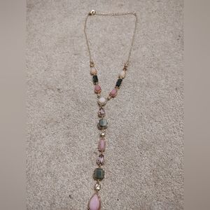 WHBM Pink Green Gold Y Necklace